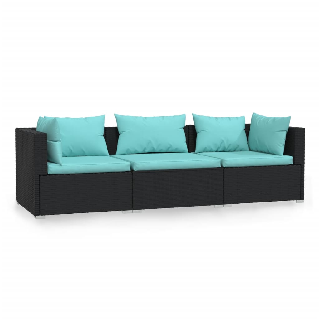 Driezitsbank met kussens poly rattan zwart