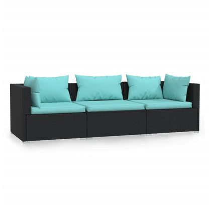 Driezitsbank met kussens poly rattan zwart
