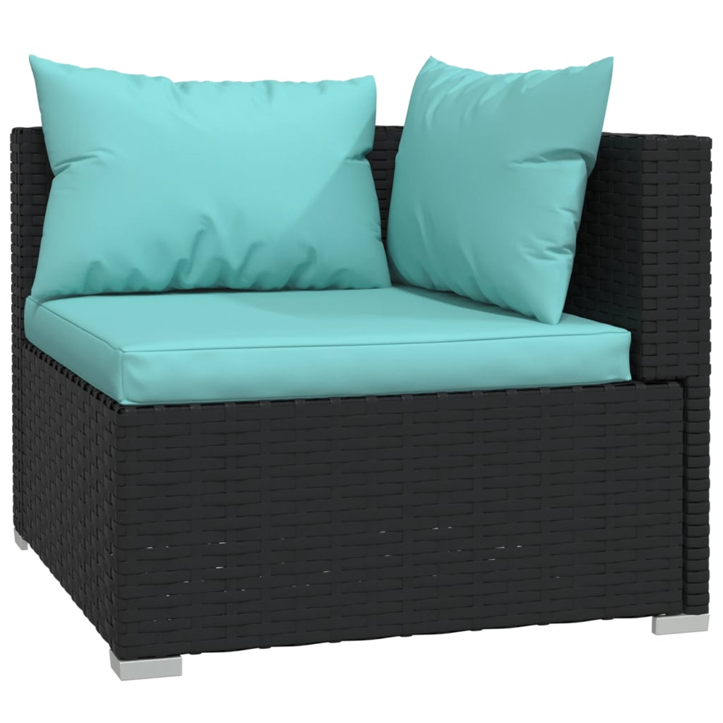 Driezitsbank met kussens poly rattan zwart