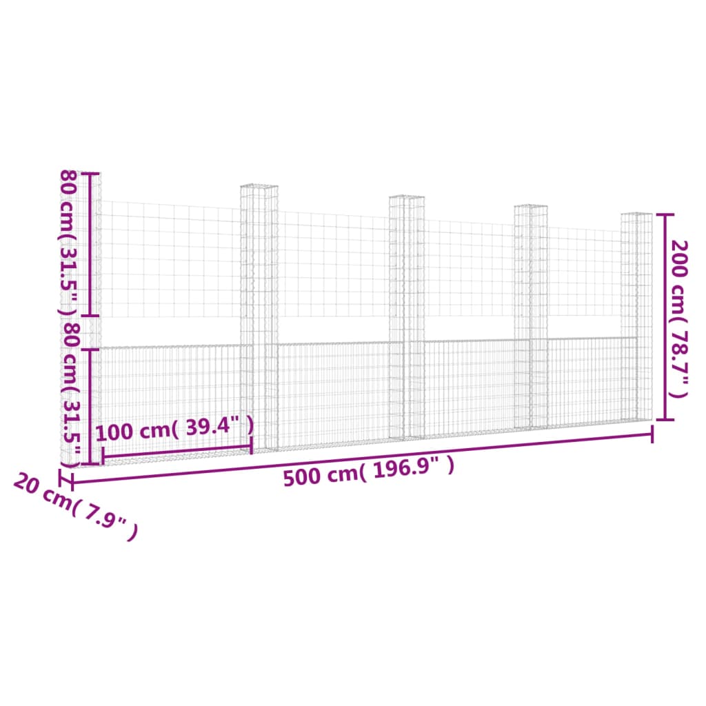 Schanskorf U-Vormig Met 5 Palen Ijzer 500 x 20 x 200 cm