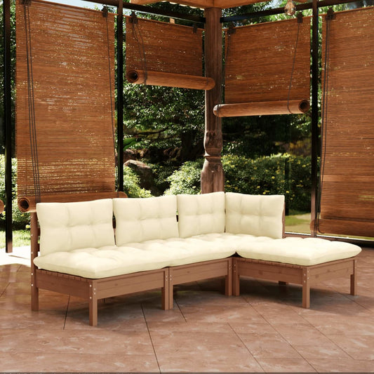 4-delige Loungeset met kussens grenenhout honingbruin