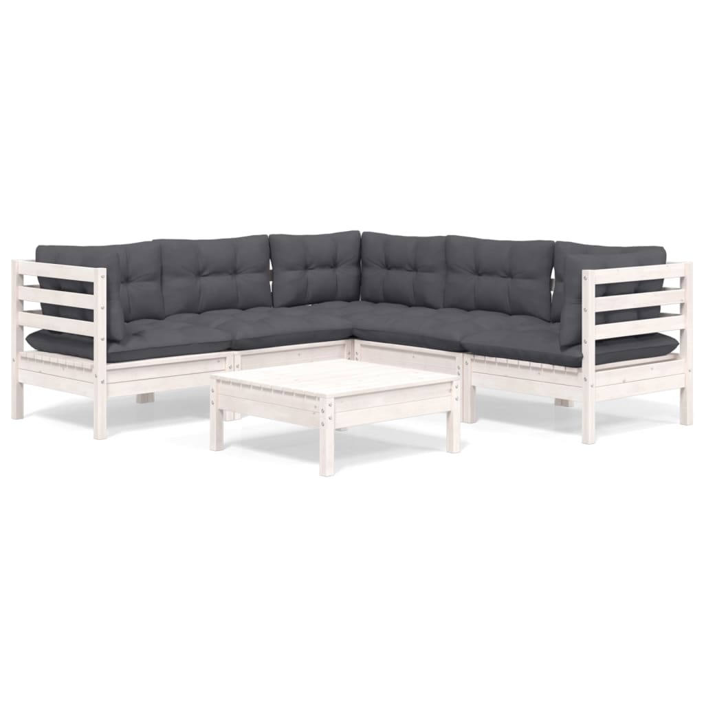 6-delige Loungeset met kussens massief grenenhout wit