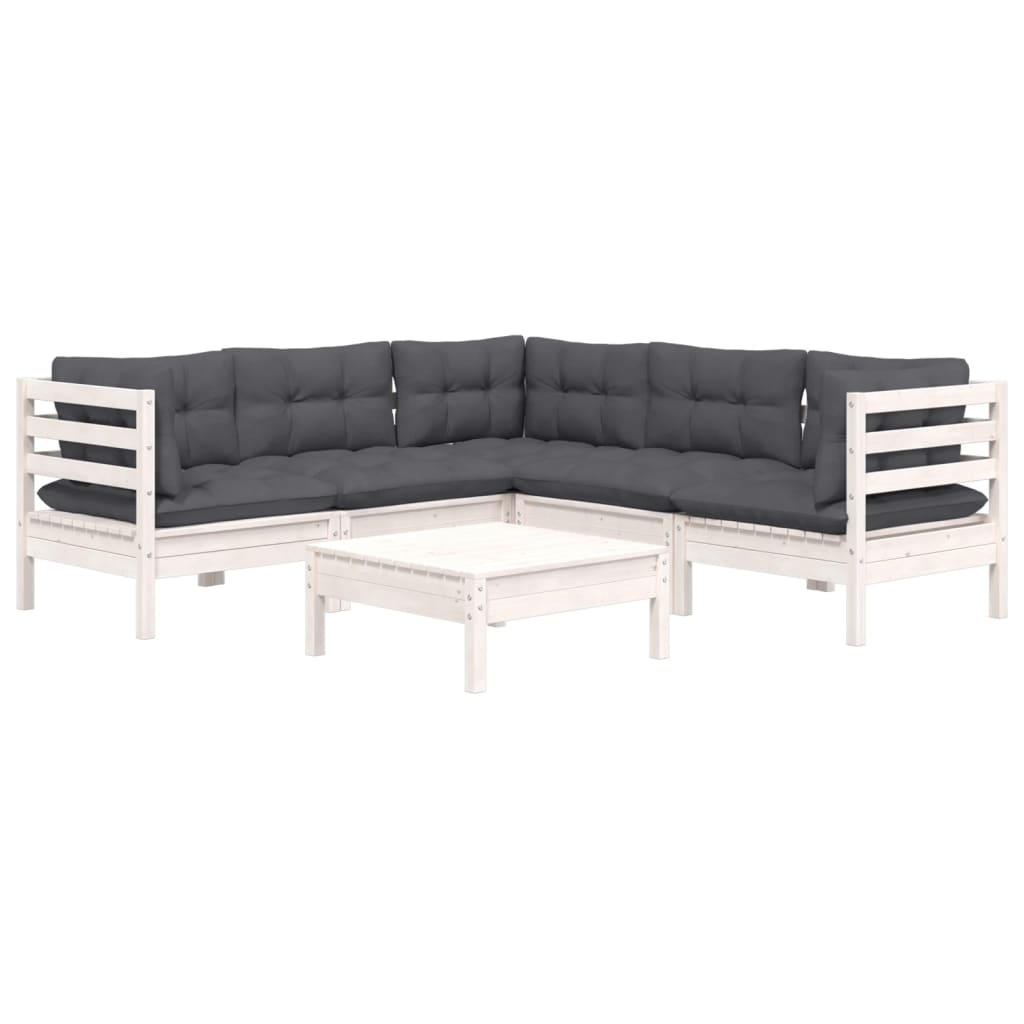 6-delige Loungeset met kussens massief grenenhout wit