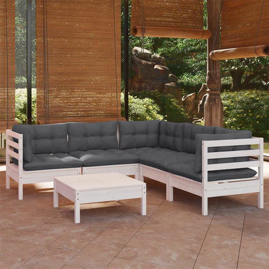 6-delige Loungeset met kussens massief grenenhout wit