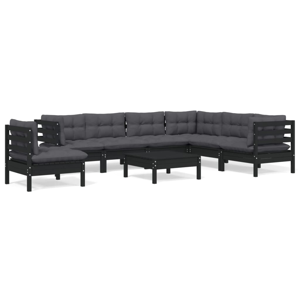 8-delige Loungeset met kussens massief grenenhout zwart