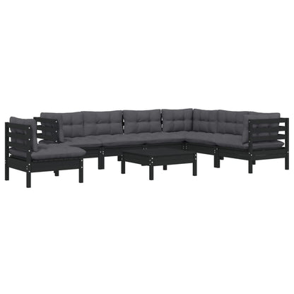 8-delige Loungeset met kussens massief grenenhout zwart