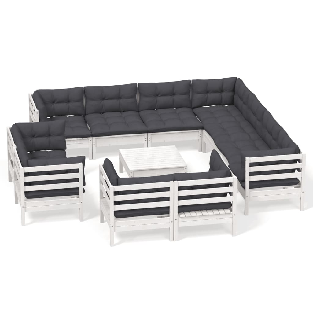 12-delige Loungeset met kussens massief grenenhout wit