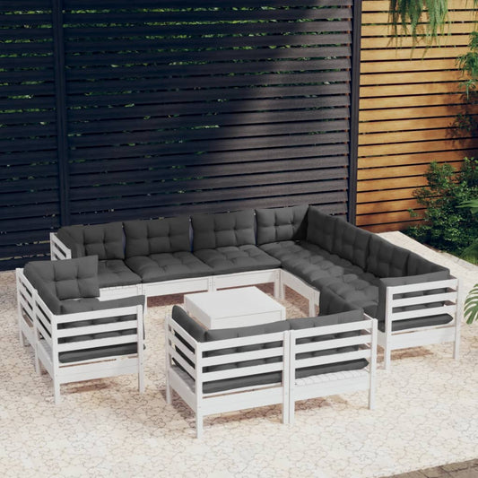 12-delige Loungeset met kussens massief grenenhout wit