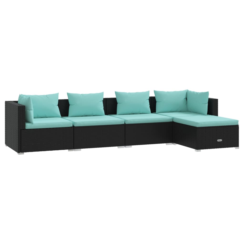 5-delige Loungeset met kussens poly rattan zwart