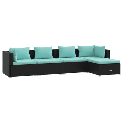 5-delige Loungeset met kussens poly rattan zwart
