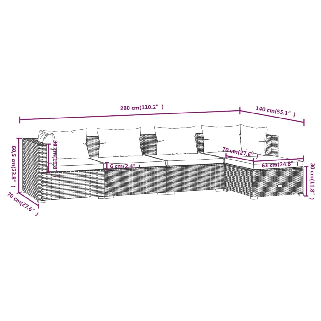 5-delige Loungeset met kussens poly rattan zwart