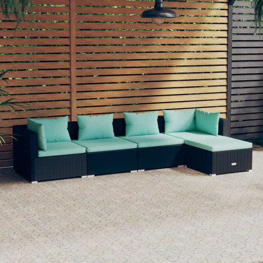 5-delige Loungeset met kussens poly rattan zwart