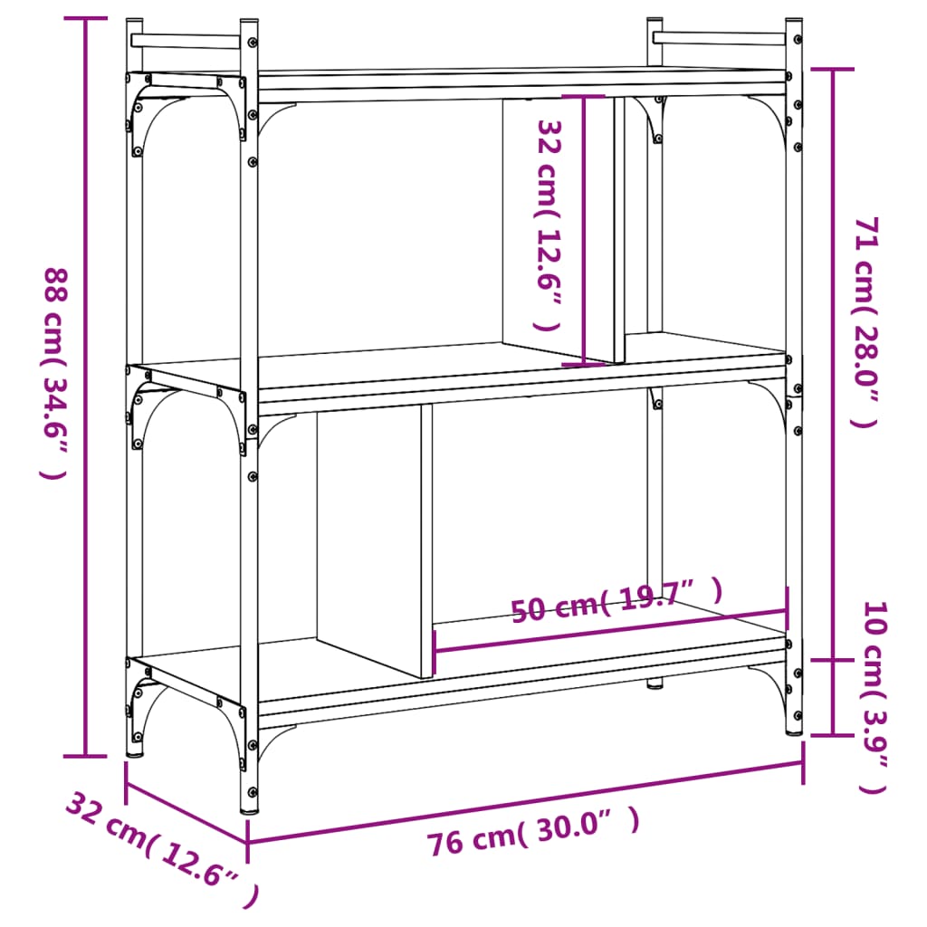 Boekenkast 3-laags 76x32x88 cm bewerkt hout grijs sonoma