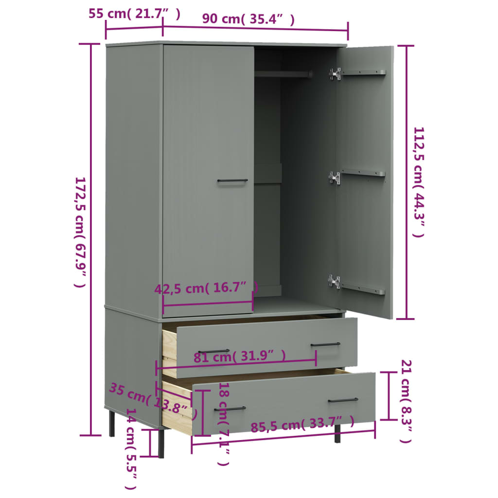 Kledingkast met metalen poten OSLO 90x55x172,5 cm hout grijs