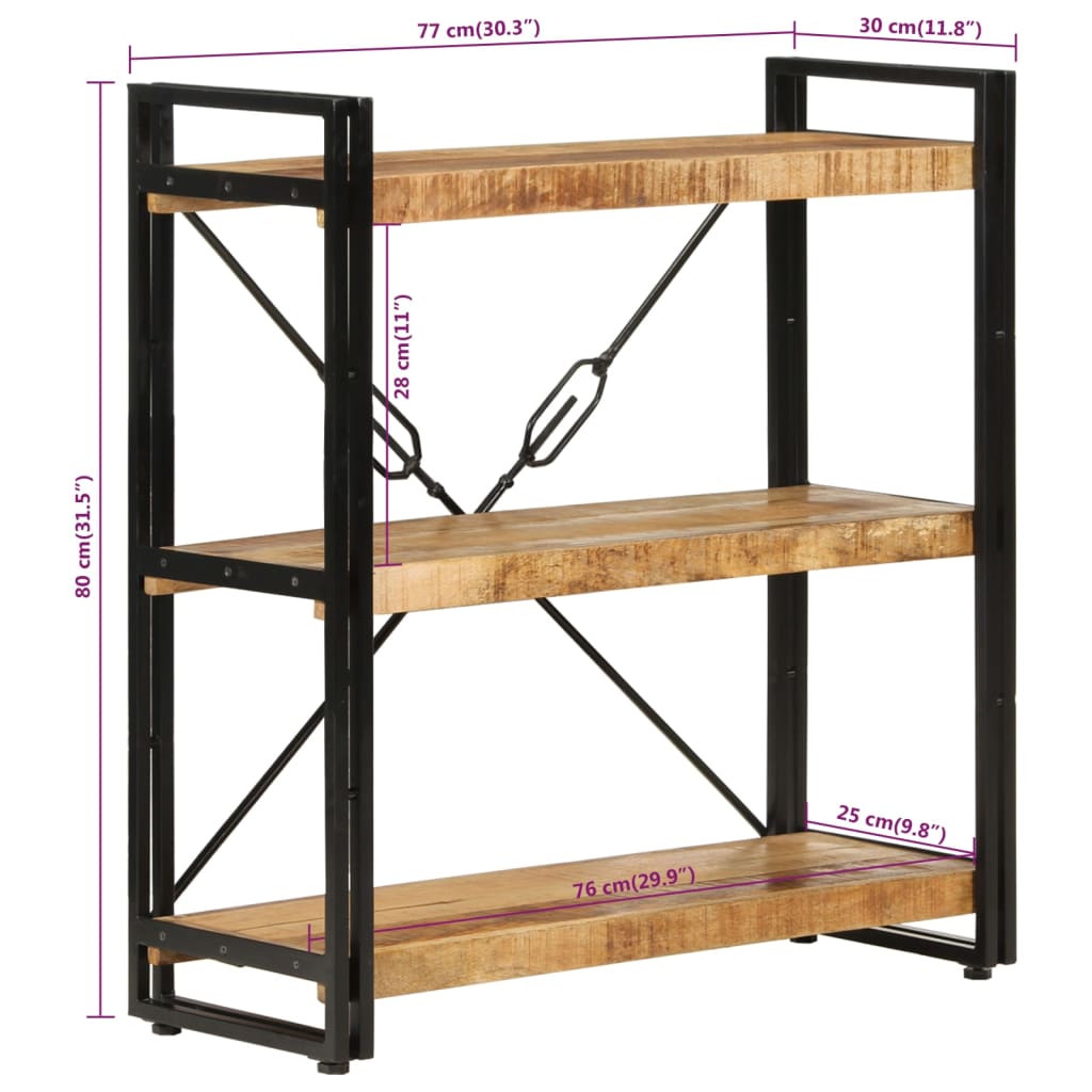 Boekenkast 3-laags 77x30x80 cm massief mangohout en ijzer