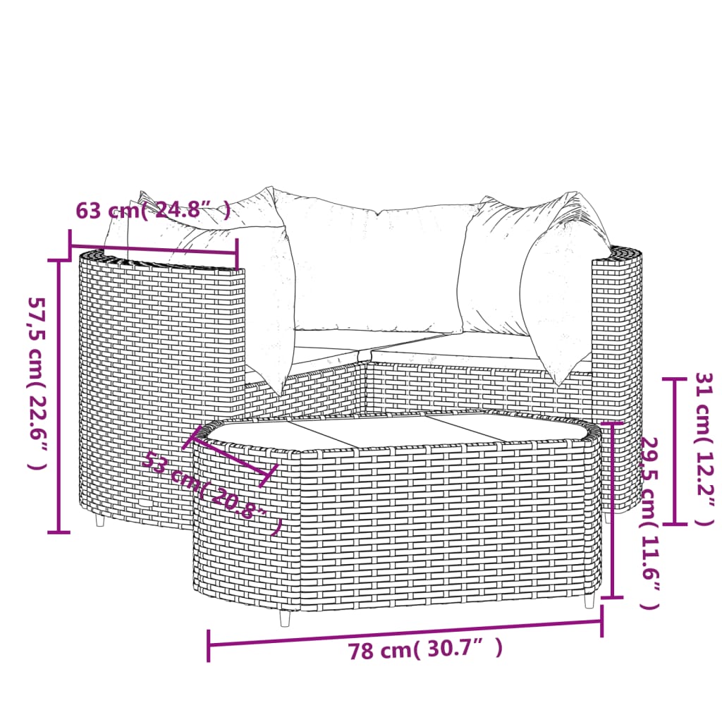 4-delige Loungeset met kussens poly rattan zwart
