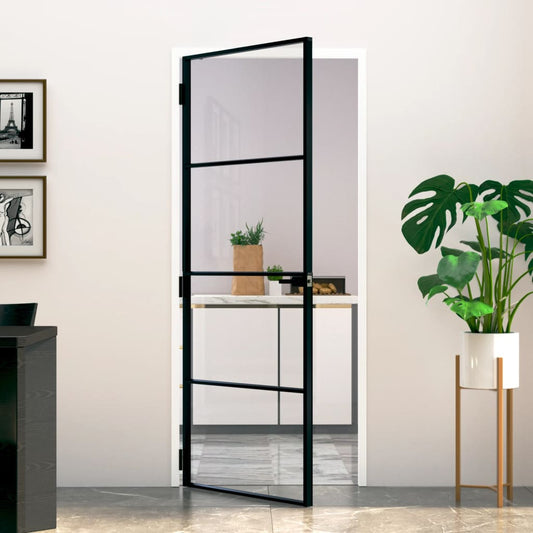 Binnendeur 83x201,5 cm gehard glas en aluminium smal zwart