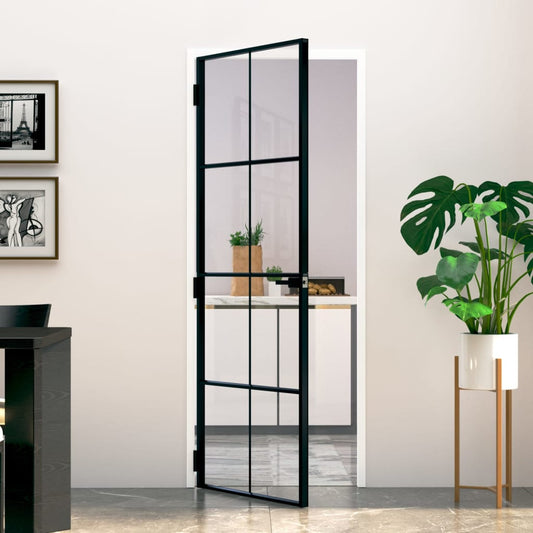 Binnendeur 76x201,5 cm gehard glas en aluminium smal zwart