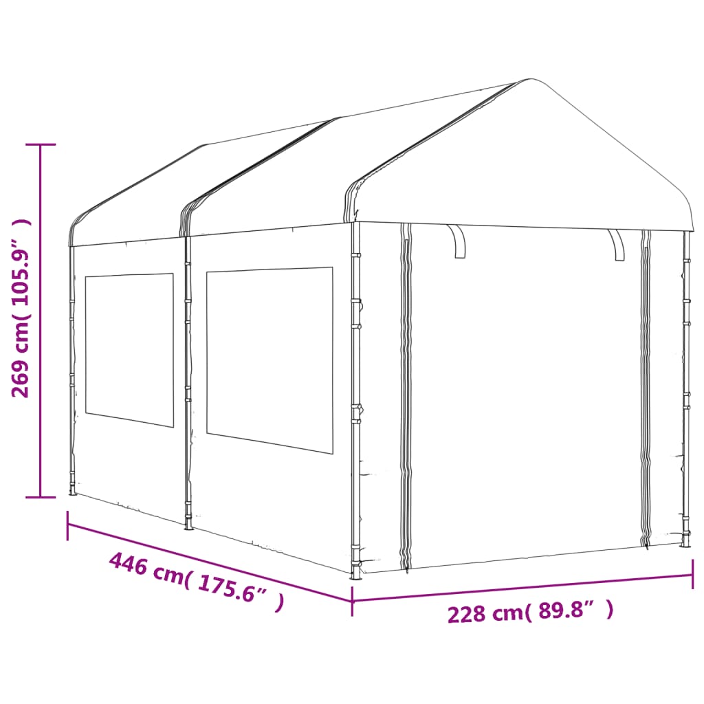Prieel met dak 4,46x2,28x2,69 m polyetheen wit