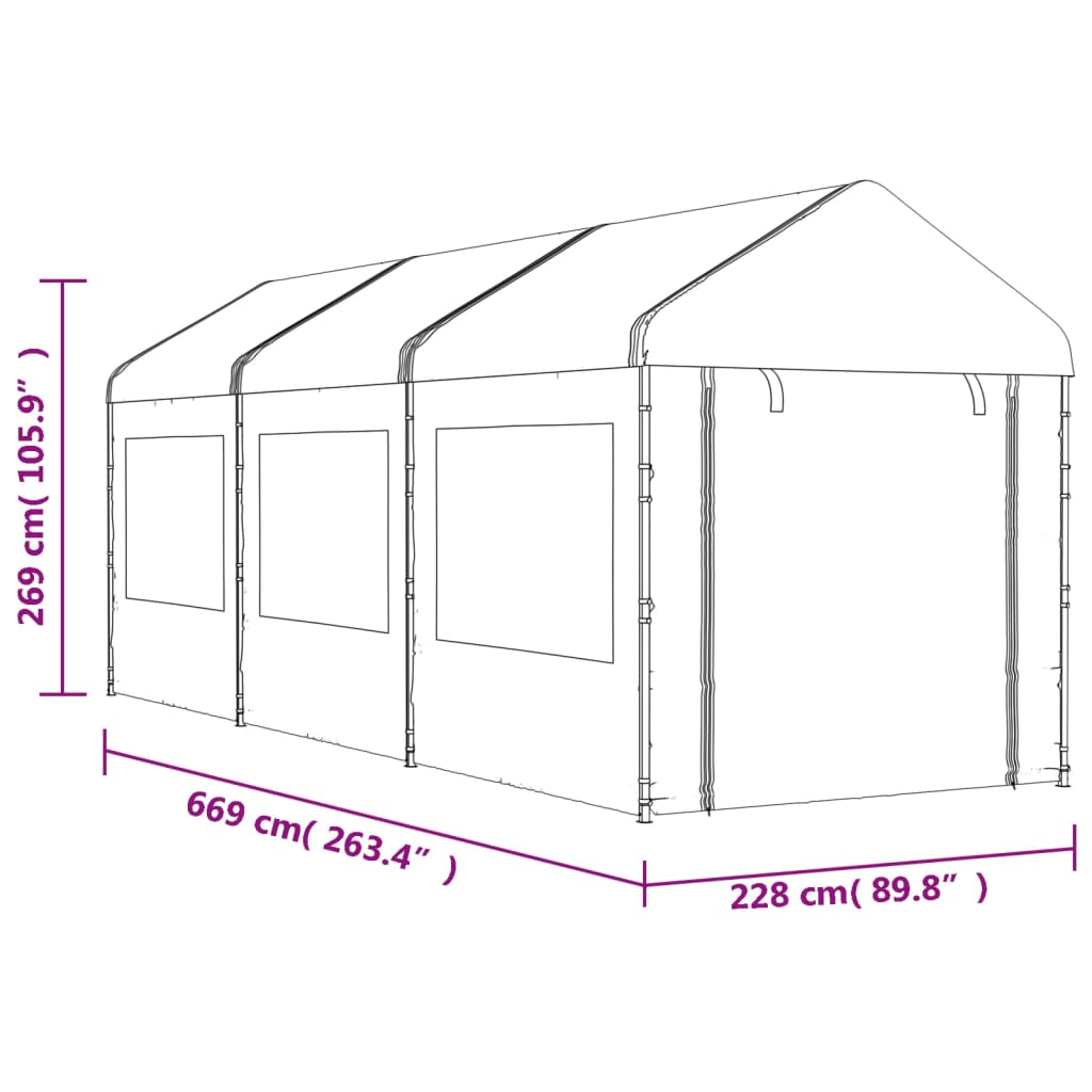 Prieel met dak 6,69x2,28x2,69 m polyetheen wit