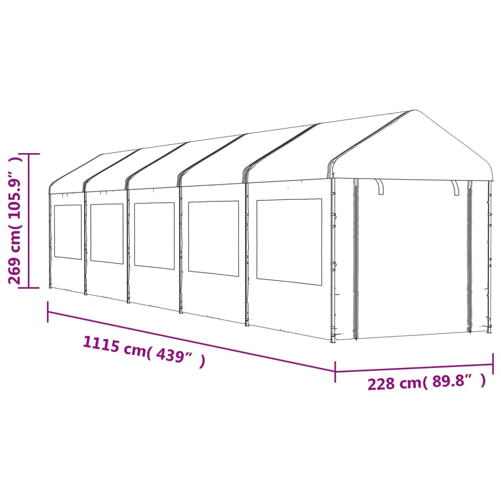 Prieel met dak 11,15x2,28x2,69 m polyetheen wit