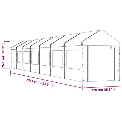 Prieel met dak 15,61x2,28x2,69 m polyetheen wit