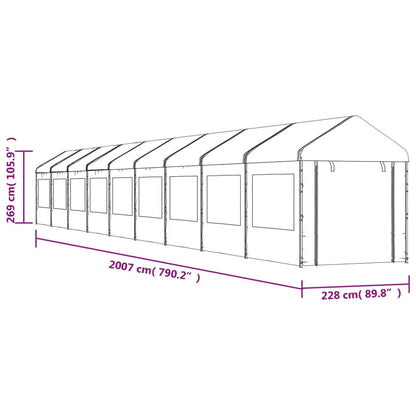 Prieel met dak 20,07x2,28x2,69 m polyetheen wit