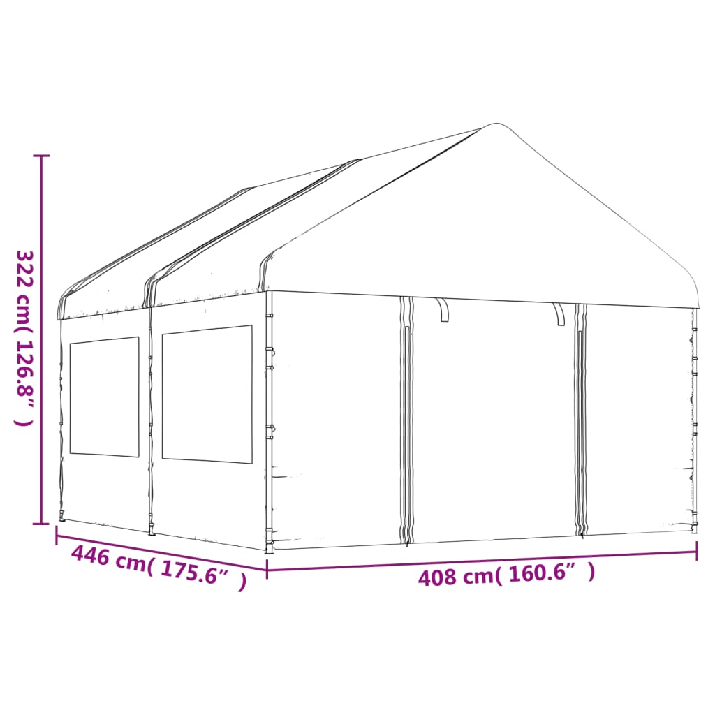 Prieel met dak 4,46x4,08x3,22 m polyetheen wit