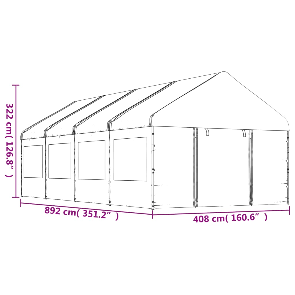 Prieel met dak 8,92x4,08x3,22 m polyetheen wit