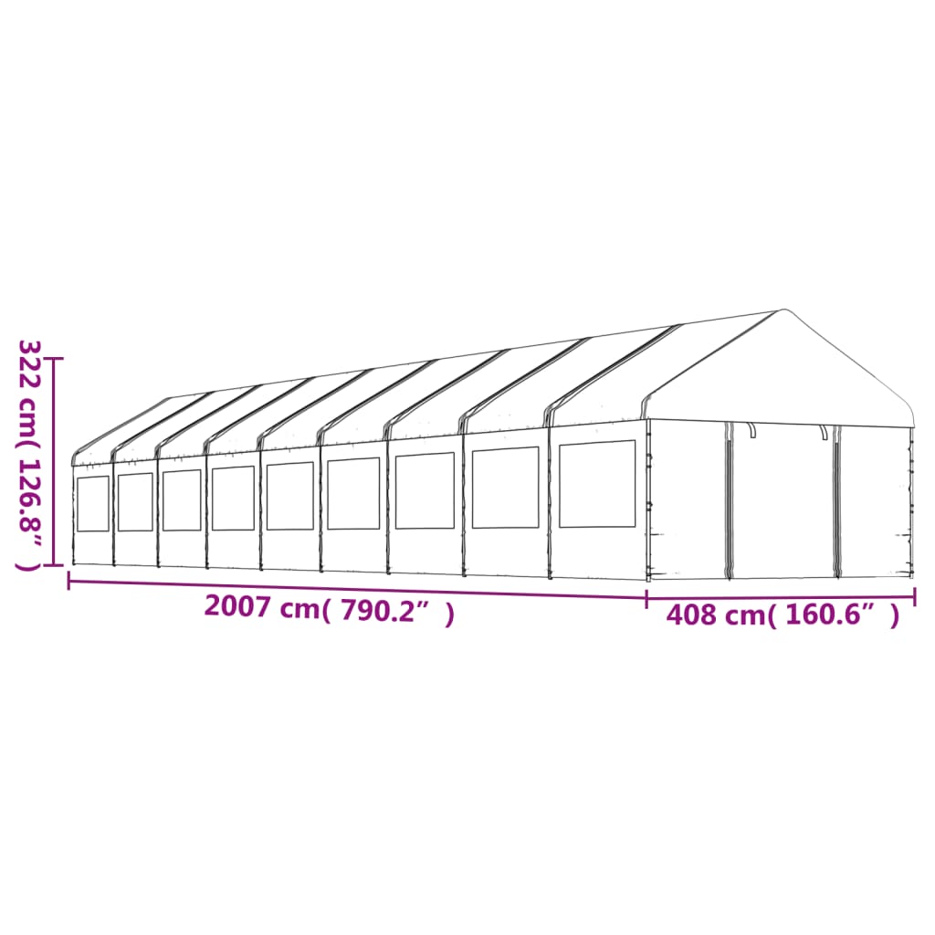 Prieel met dak 20,07x4,08x3,22 m polyetheen wit