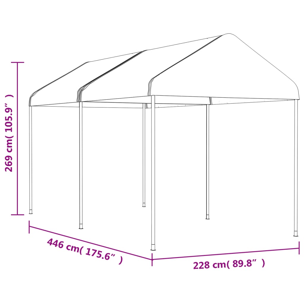 Prieel met dak 4,46x2,28x2,69 m polyetheen wit