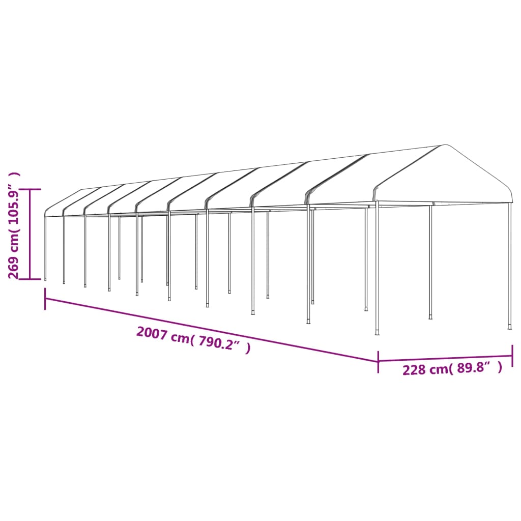 Prieel met dak 20,07x2,28x2,69 m polyetheen wit