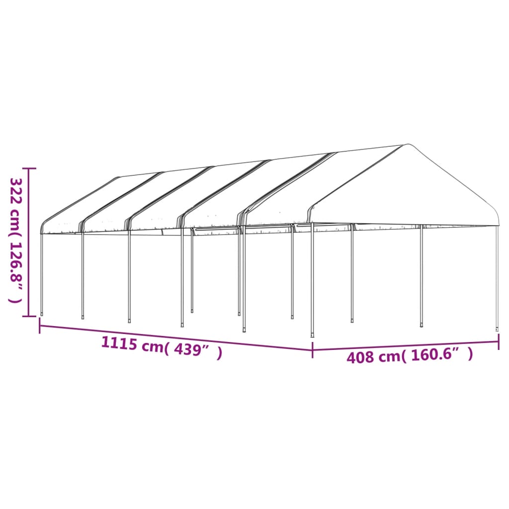Prieel met dak 11,15x4,08x3,22 m polyetheen wit