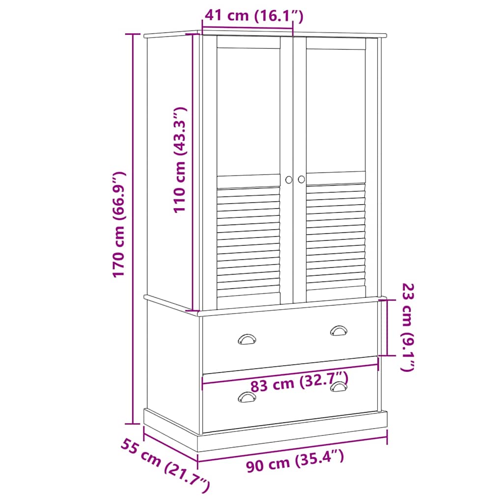Kledingkast VIGO 90x55x170 cm massief grenenhout grijs