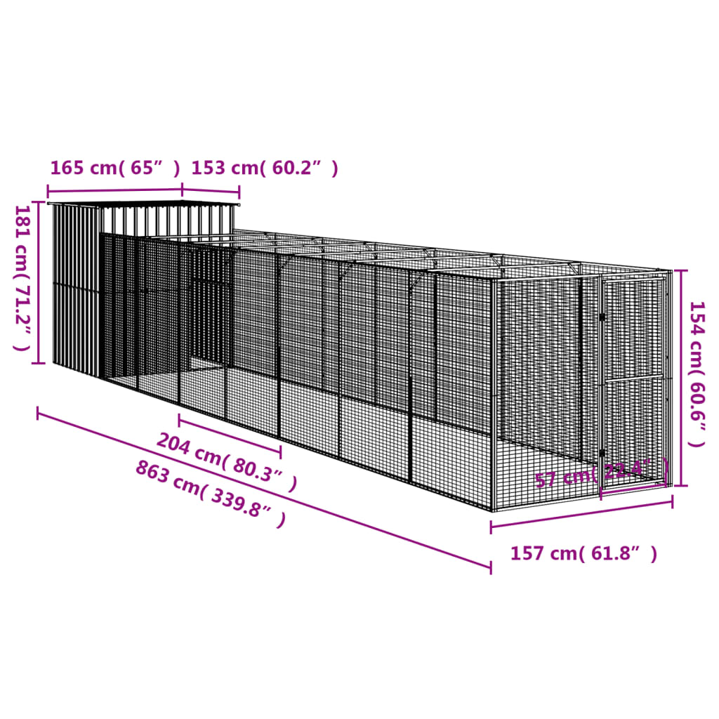 Hondenhok Met Ren Gegalvaniseerd Staal 165 x 863 x 181 cm Antraciet