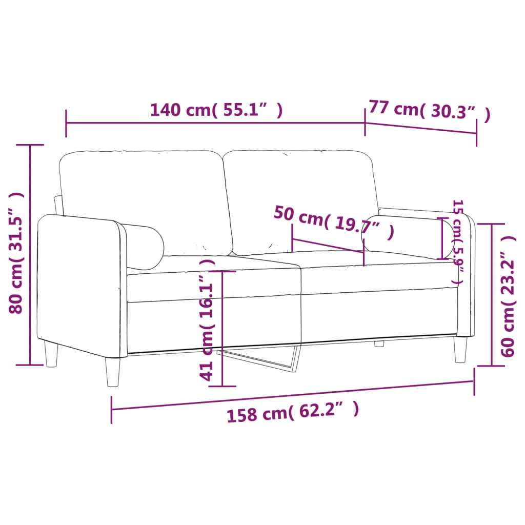Tweezitsbank met sierkussens 140 cm fluweel lichtgrijs