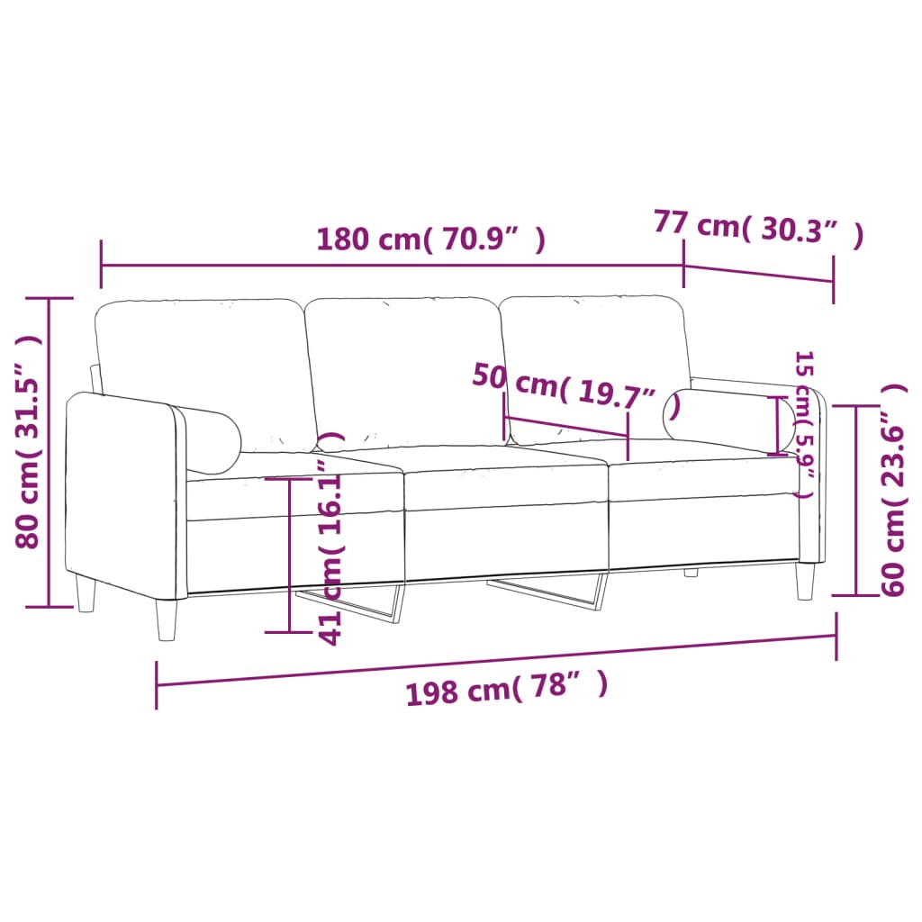 Driezitsbank met sierkussens 180 cm fluweel roze