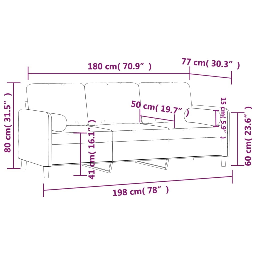 Driezitsbank met sierkussens 180 cm fluweel crèmekleurig