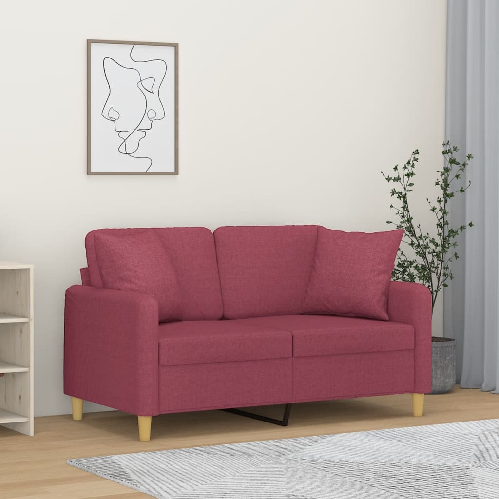 Tweezitsbank met sierkussens 120 cm stof wijnrood