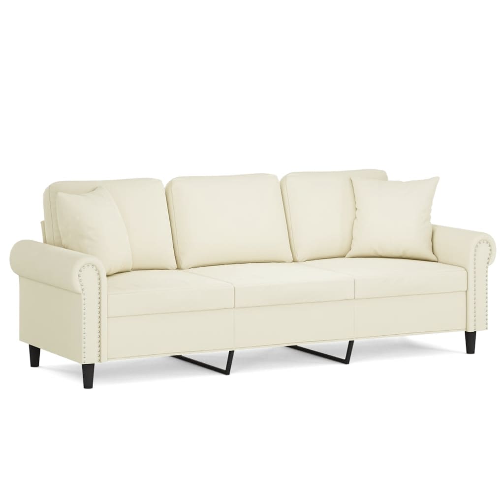 Driezitsbank met sierkussens 180 cm fluweel crèmekleurig