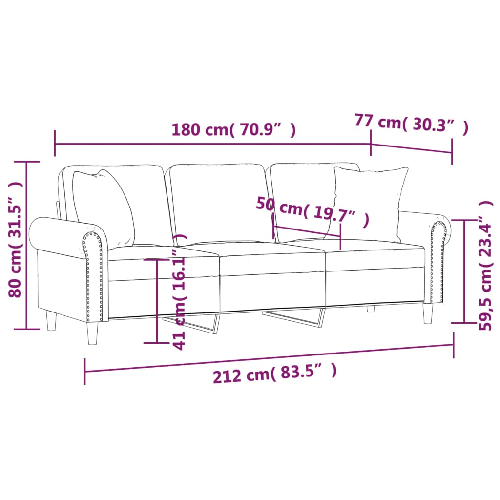 Driezitsbank met sierkussens 180 cm fluweel crèmekleurig