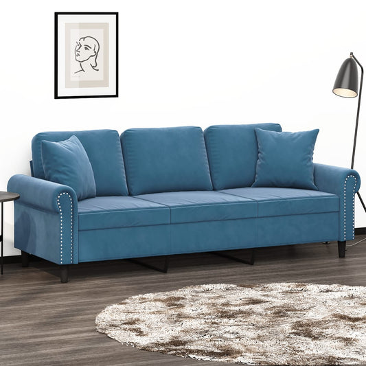 Driezitsbank met sierkussens 180 cm fluweel blauw