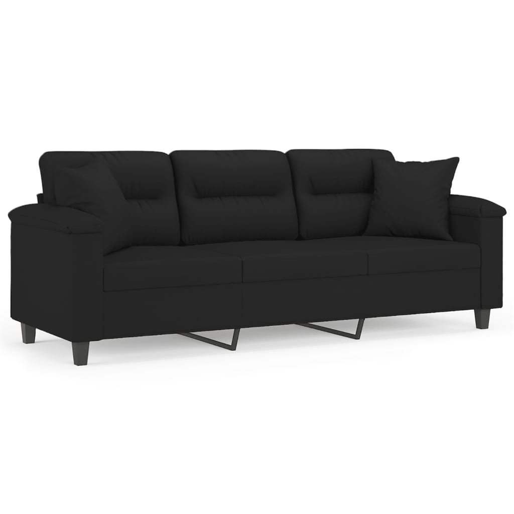 Driezitsbank met kussens 180 cm microvezelstof zwart