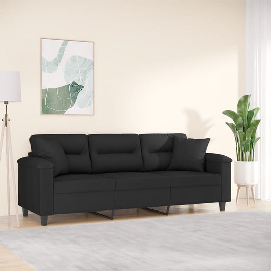Driezitsbank met kussens 180 cm microvezelstof zwart