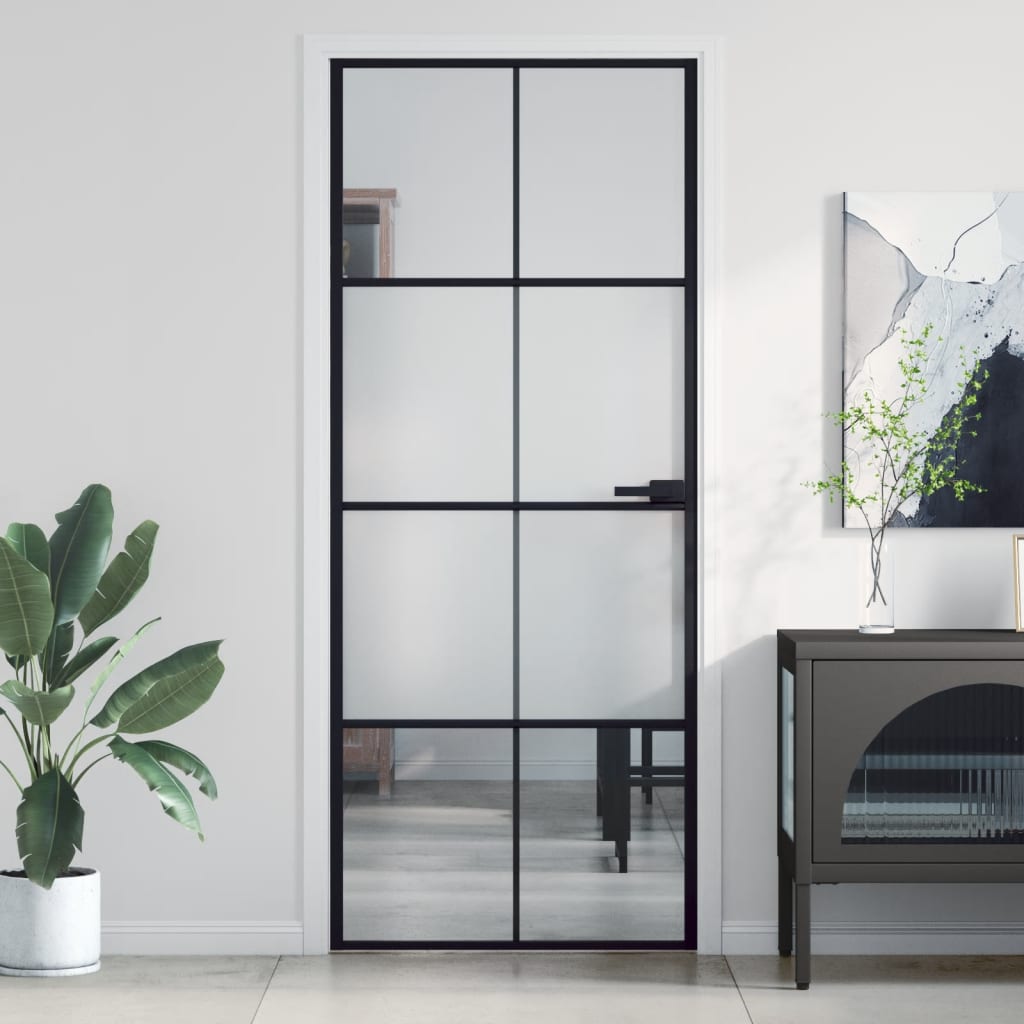 Binnendeur smal 83x201,5 cm gehard glas en aluminium zwart