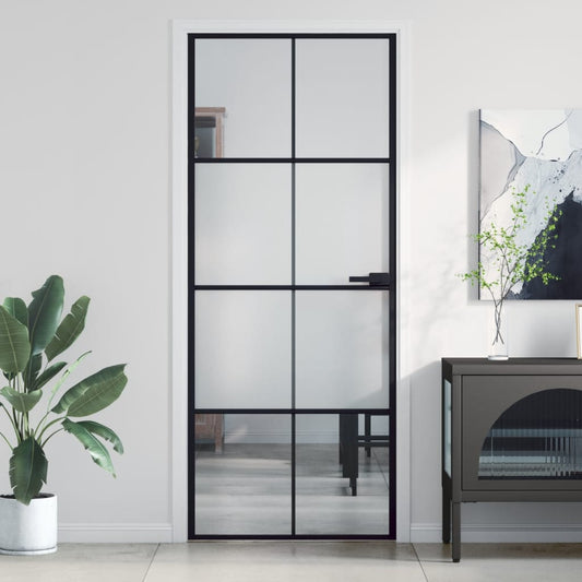 Binnendeur smal 83x201,5 cm gehard glas en aluminium zwart
