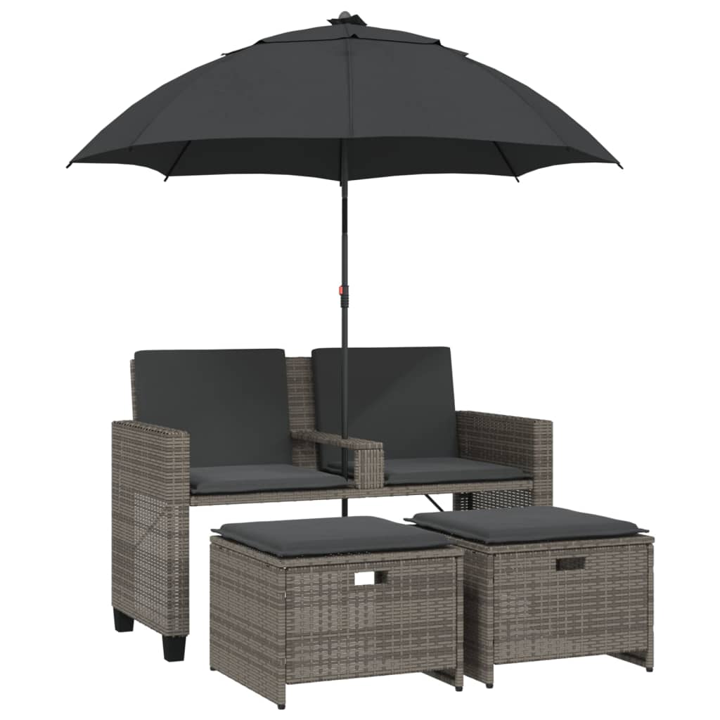 Tuinbank 2-zits met parasol en voetenbanken poly rattan grijs