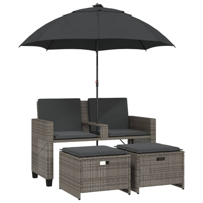Tuinbank 2-zits met parasol en voetenbanken poly rattan grijs