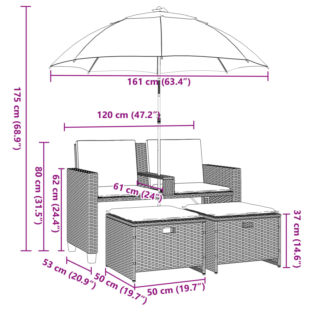 Tuinbank 2-zits met parasol en voetenbanken poly rattan grijs