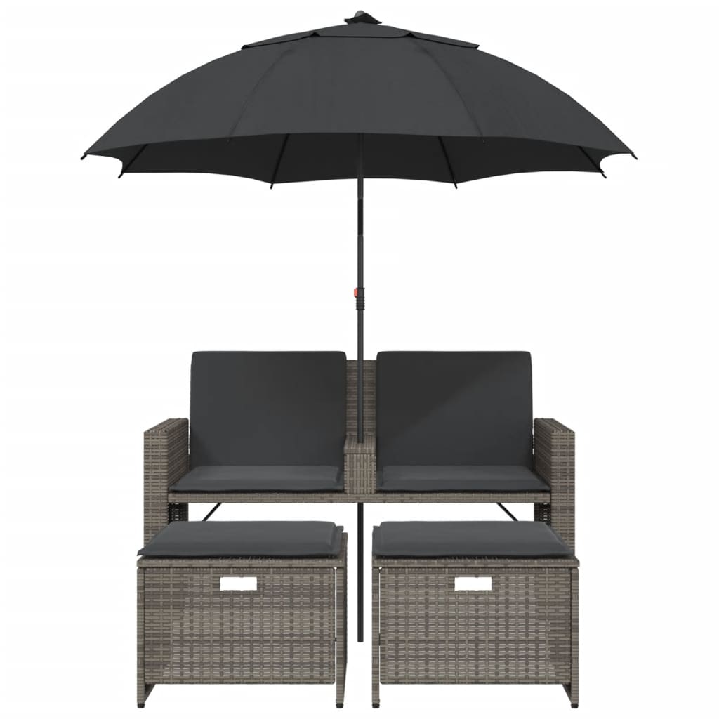 Tuinbank 2-zits met parasol en voetenbanken poly rattan grijs